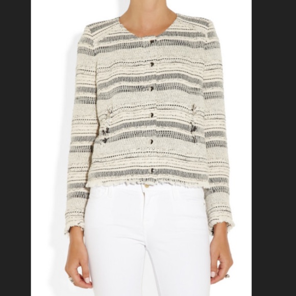 IRO Lizzie White Stripe Tweed Frayed Jacket sz 3 - Picture 2 of 11